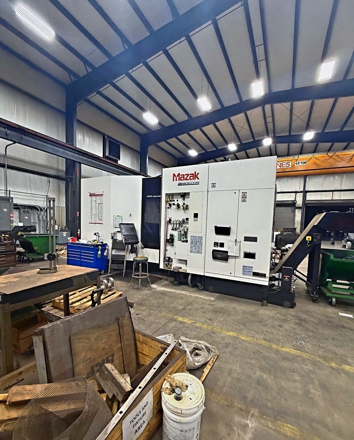 Mazak HCN-6800 NEO horizontal machining center on the Pro-Fab floor under a 40-ton crane